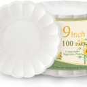 100 Pack Dinner Plates 9 Inch Paper Plates- Compostable Bagasse Party Plates for Wedding, BBQ,Picnic,Birthday,Baby Shower-100% Compostable Bagasse (White)