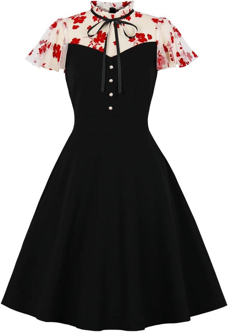 Women's Vintage Polka Dot 1950s Audrey Retro Rockabilly Prom Dress 50's 60's A-Line Cocktail Party Swing Dress (Black, S)