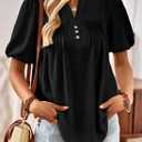 Womens Summer Tops Lantern Short Sleeve V Neck Blouses Dressy Casual Loose Fit Button Down Shirt for Women (Black, XXL)
