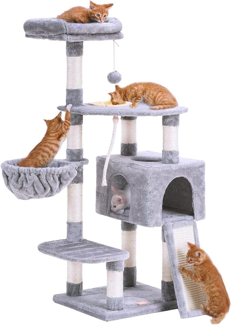 Heybly Cat Tree, Cat Tower for Indoor Cats with Scratching Board, Multi-Level Cat Furniture Condo with Feeding BowlLight Gray HCT010W (50 inch)