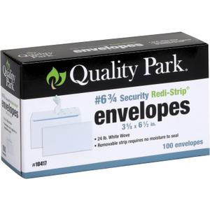Quality Park #6 3/ 4 Self-Seal Security Envelopes, Security Tint and Pattern, Redi-Strip Closure, 24-lb White Wove, 3-5/ 8 x 6-1/ 2, 100/ Box (QUA10417)
