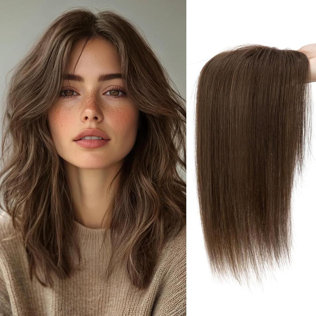 S-noilit Human Hair Toppers for Women,3603D Cover Hairs Topper for Women no Bangs Hand-Tied Invisible Upgrade Swiss Base Middle Part Clip in Hairpieces Mocha Brown 12inch