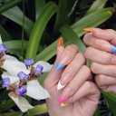 4 x Handmade Rainbow French Tip Press on Nails Medium Almond - Colorful Edge Design, Sheer Nude Glossy Reusable False Nails for Summer (Colorful Nude French,M)