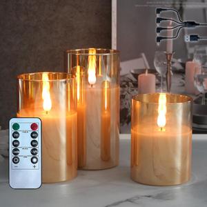 Rechargeable Flameless Candle, Flashing LED Pillar Real Wax Candle with Remote Control and Timer, Upgraded Teardrop Wick, Gold Glass Electronic Candle, 1 Set of 3