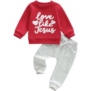 Douhoow Baby Boy Valentines Day Outfit Letter Print Sweatshirt Long Joggers Pants Boys Girls Festival Clothes (Red)