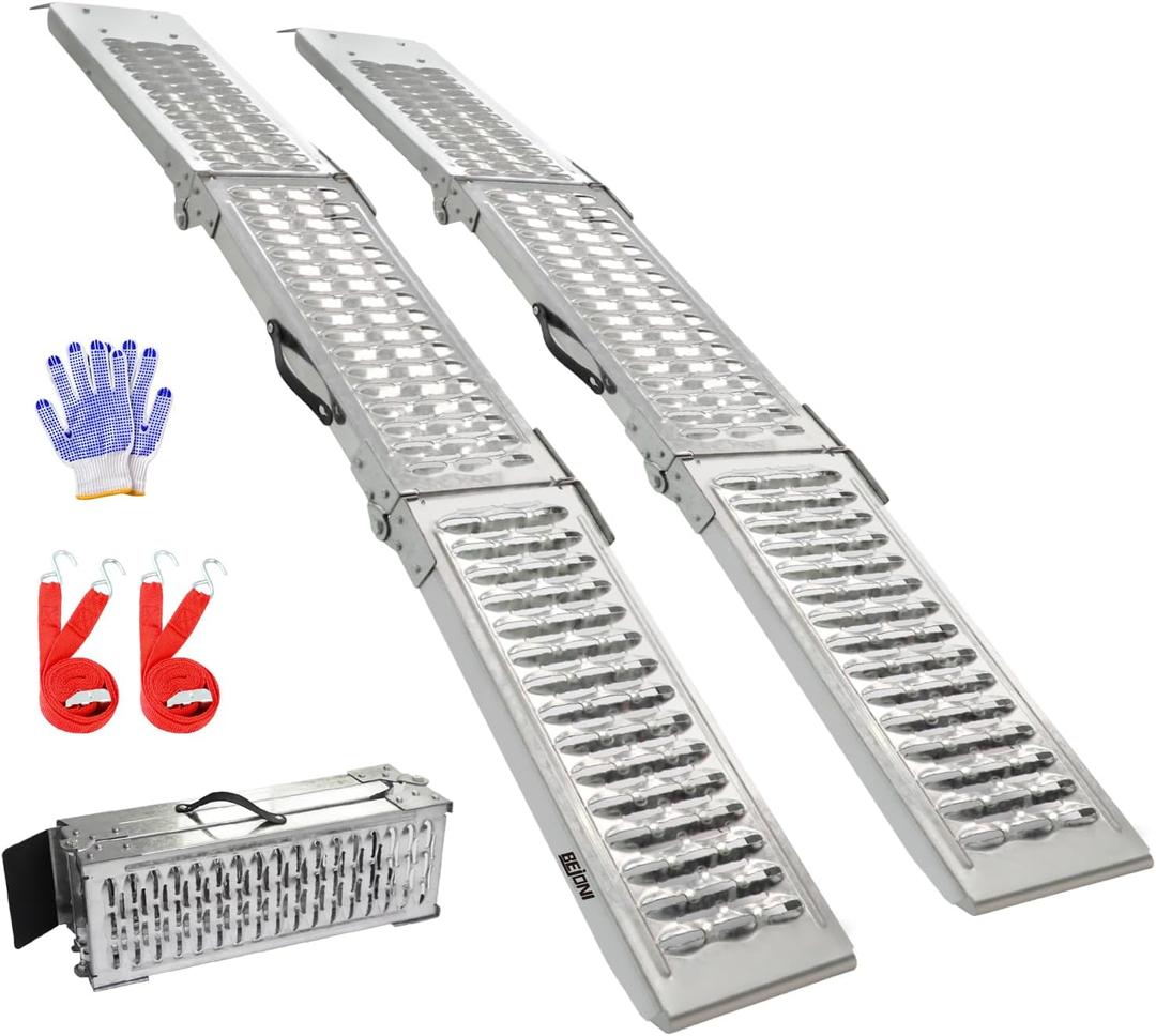 BEJONI Loading Ramps for Pickup Trucks, 76.4" L Steel Truck Loading Ramps, 960LBS Capacity per Pair, Tri-Folding Motorcycle Ramps, Dirt Bike Ramp for Truck, Trailer, Lawn Mower, Dirt Bike, Pack of 2