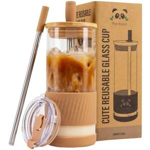 Pandaloo® Glass Cups With Lids and Straws -20 Fl Oz- Perfect Size Iced Coffee Cup - Smoothie Cup With Bamboo Lid and On the go Lid - Glass Tumbler With Straw (1 Count (Pack of 1), Amber Sand)
