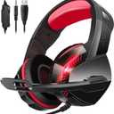 PHOINIKAS PS4 Gaming Headset with 7.1 Surround Sound, PC Headset with Noise Canceling Mic & LED Light, H3 Over Ear Headphones for Nintendo Switch, PS5, Xbox One, Laptop (Red)