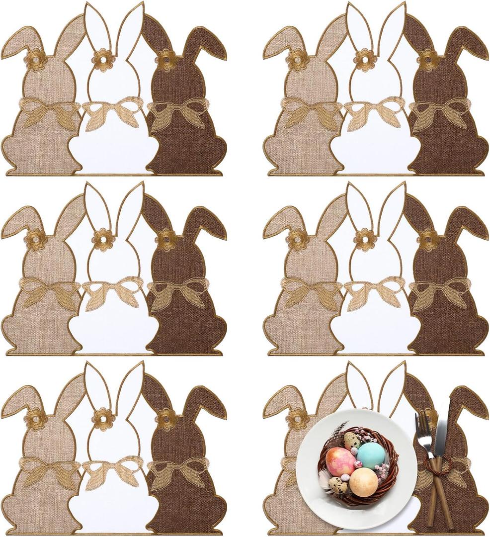 Set of 6 Easter Placemats 13 x 16 Inch Easter Bunny Placemats Grey White Brown Rabbit Easter Place Mats for Easter Table Decorations Bunny Spring Party Kitchen Dining Decorations