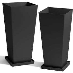 WORTH Garden Large 28 in.Tall Planters Set of 2 for Indoor and Outdoor, Heavy Duty Plastic Black Modern Taper Flower Plant Pots with Drainage Hole and Dual-Purpose Tray for Front Porch, Patio