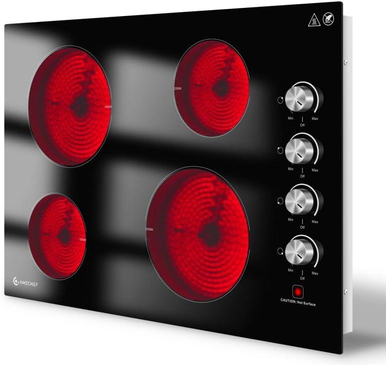 AMZCHEF 30 Inch Electric Cooktop, Built-in with 4 Burners Max 7000W with 30" Glass Ceramic Cook Top,Knob control, Hot Surface Indicator,220V - 240V Hard Wire, No Plug