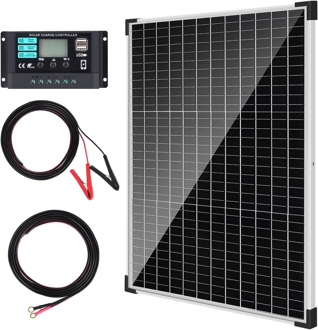 TBER 50W/12V Solar Panel Kit with 10A Charge Controller, Monocrystalline Solar Battery Trickle Charger Maintainer for Automotive Motorcycle Boat Marine RV Camping RV Farm Other Off-Grid Applications