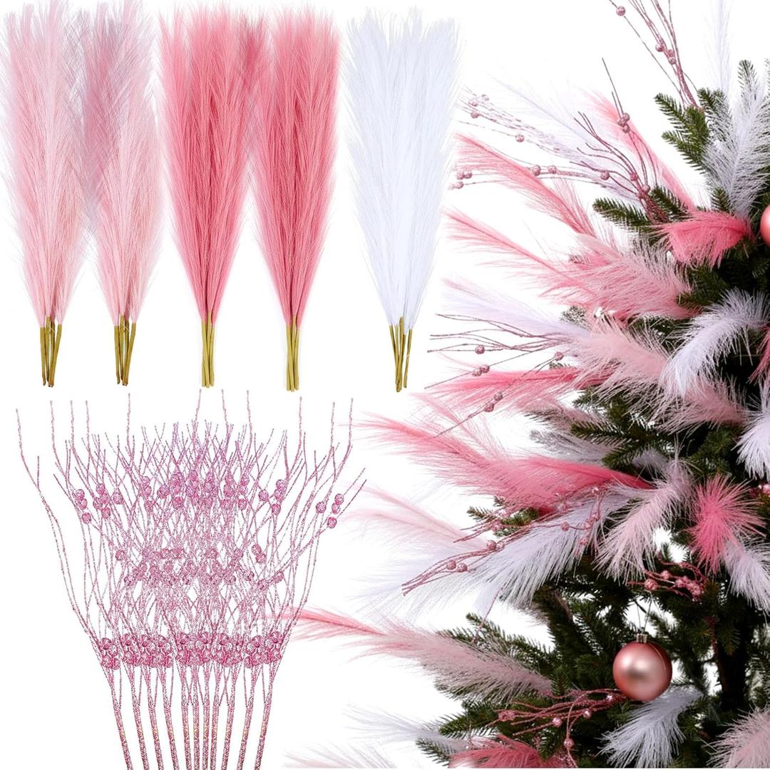 72 Pcs Pink Christmas Tree Picks Decoration Set 60 Pcs Fluffy Pampas Grass 12 Glittered Christmas Berries Stems Ornament for Holiday Tree Wreath Vase Home Table Decor