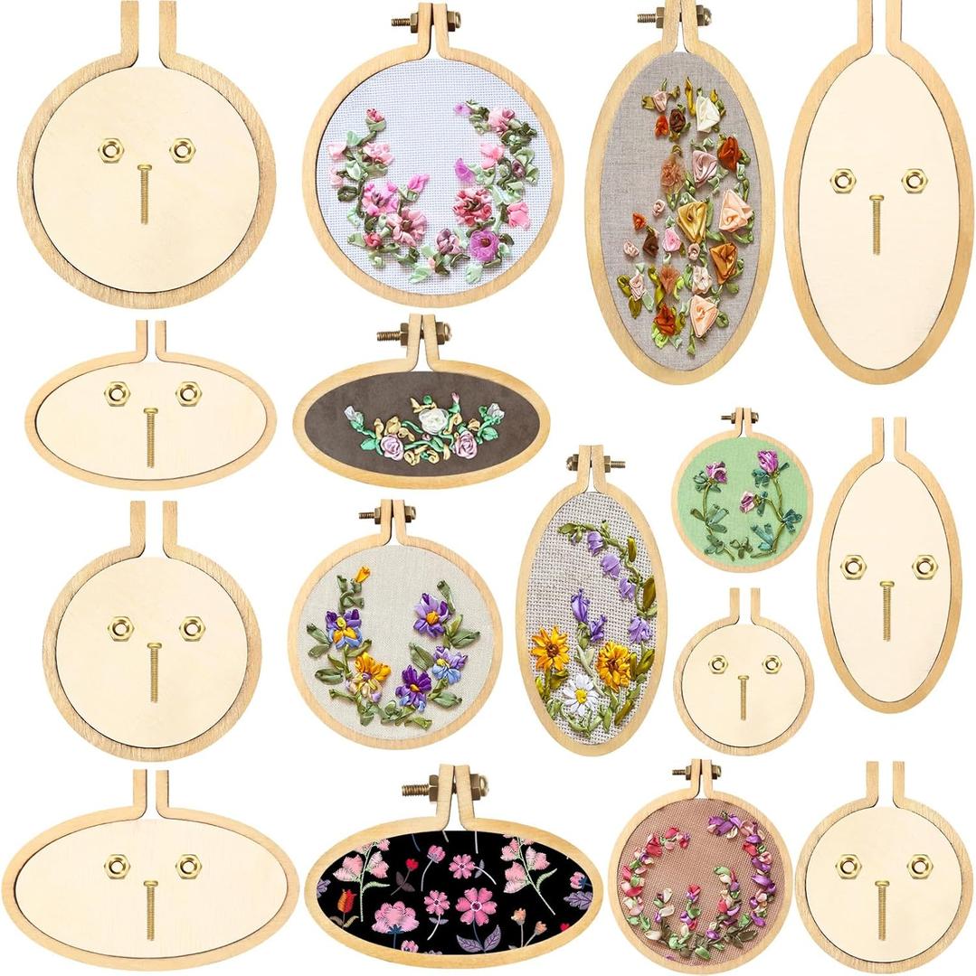 Syhood 8 Sets Mini Embroidery Hoop Wooden Mini Stitch Hoop Ring for DIY Pendant Crafts, Round, Oval Vertical, Oval Horizontal
