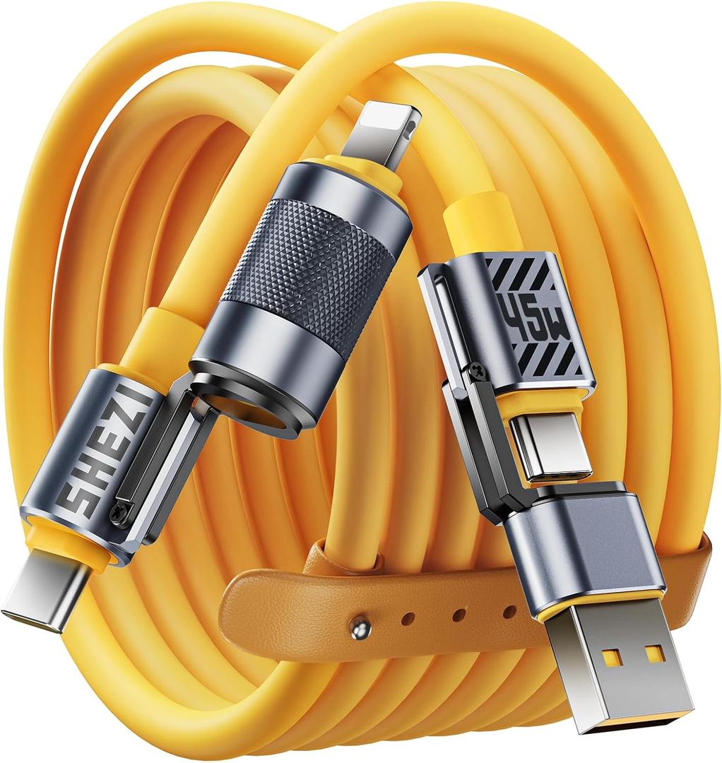 4 in 1 USB C Cable 45W 5FT Fast Charging & Data Transfer, Thicker Silicone Multi Charger Cord for iPhone iPad Charger Wire Combo with L/Type C/USB A for iPhone 16/15/Macbook (Yellow)