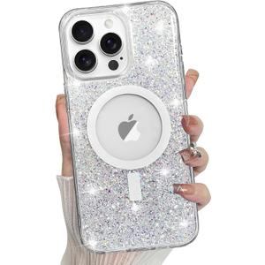 Bonoma for iPhone 15 Pro Max Case Sparkly Glitter Bling Back, Magnetic Support for MagSafe Shockproof, Crystal and Clear High-Duty Protection for Girls Women-Glitter Crystal