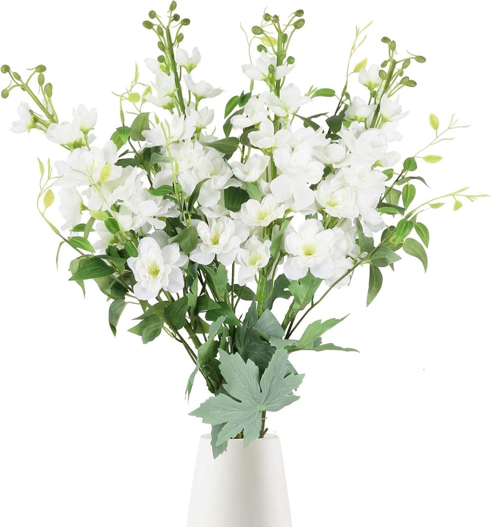 8PCS Artificial Delphinium White Flowers with Clematis Greenery Long Stem Artificial Flowers Cream for Tall Vase for Home Wedding Floral Arrangement Centerpiece Table Decor (Cream White)