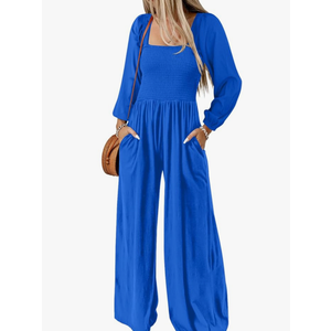 Dokotoo Women's Casual Loose Overalls Jumpsuits One Piece Long Sleeve Wide Leg Long Pant Rompers With Pockets Size L