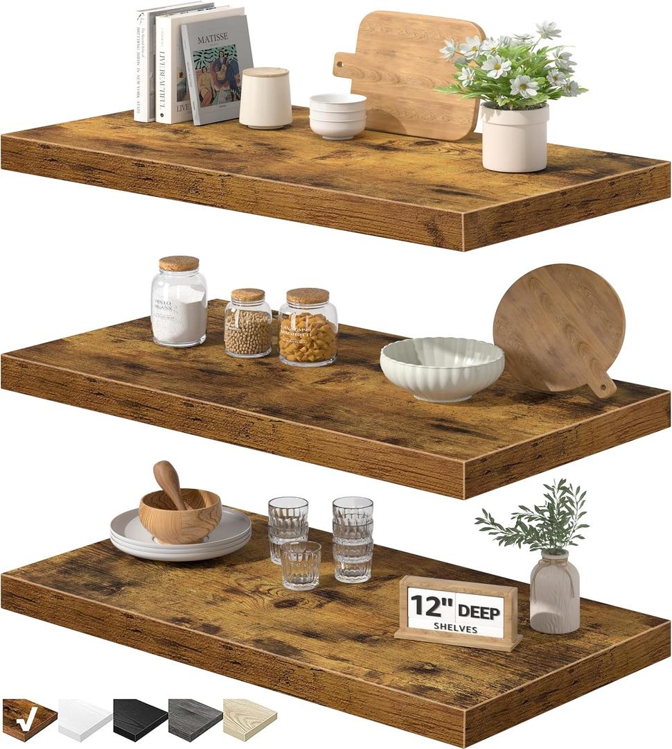 QEEIG 12" Deep Floating Shelves for Wall - 12 x 24 inch Book Shelf Bathroom Bedroom Kitchen Living Room Hanging Bookshelf Farmhouse Set of 3, Brown (026-60BN3), 23.6" x 12"