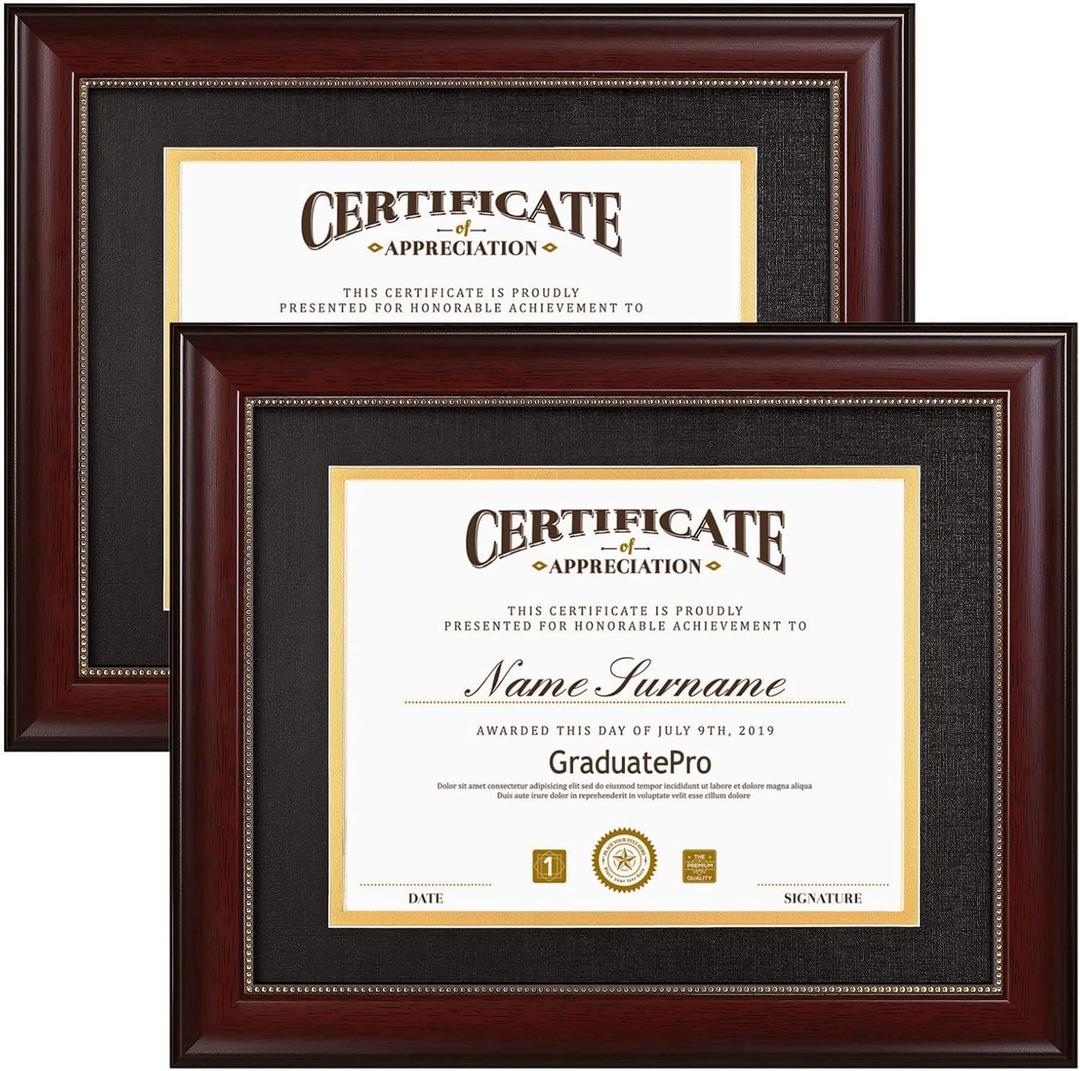 GraduatePro 8.5x11 Diploma Frame with Black Over Gold Mat or Display 11x14 Document Without Mat, CPA License Frame, UV Protection Acrylic, Mahogany with Gold Beads, Pack of 2