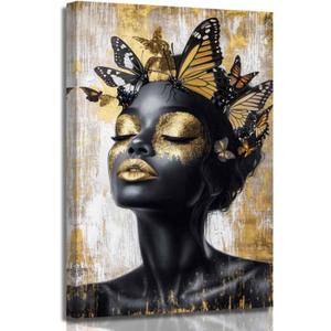 ZSHARTSWD African American Wall Art Gold Queen Pictures Black Woman Butterfly Canvas Prints Fashion Girl Paintings Bedroom Bathroom Office Home Decor Framed (Black, 24L x 16W)