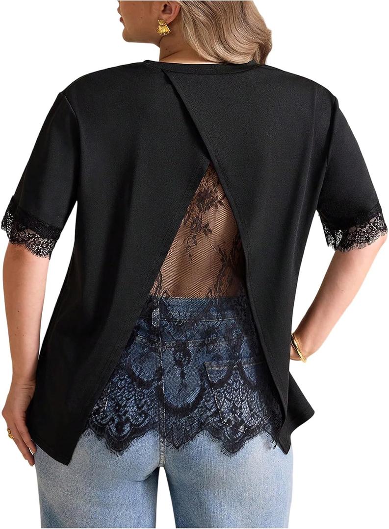 Verdusa Women's Plus Size Lace T Shirts Short Sleeve Asymmetrical Tops Loose Fit Going Out (Black)