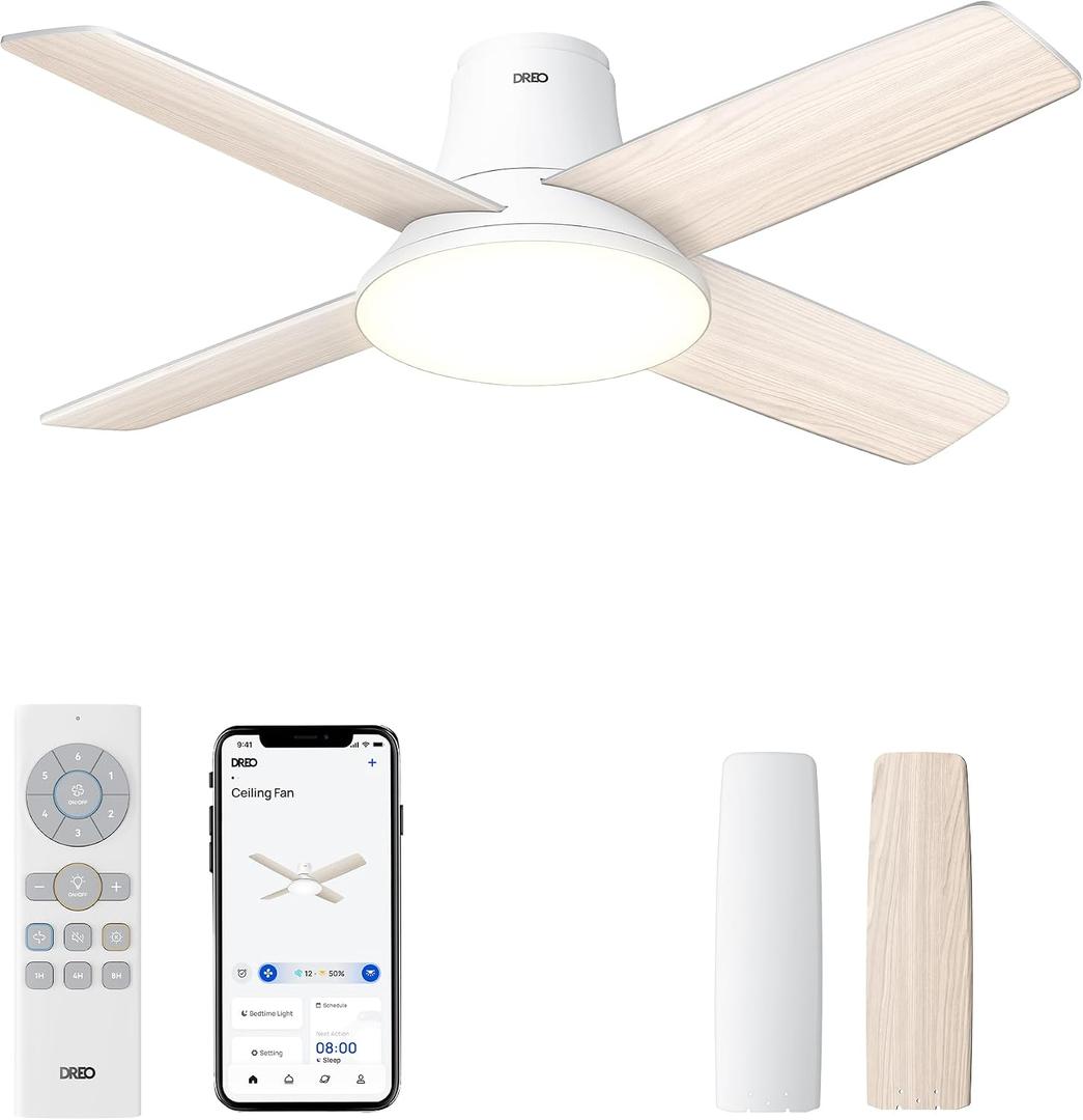 DREO Ceiling Fans with Lights, 12 Speeds & 3 Fan Modes, Quiet DC Motor, Low Profile Easy to Install, Flush Mount Smart Ceiling Fan with Dimmable LED, 12H Timer for Bedroom, Remote, White, 44''