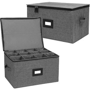 Wine Glass Storage Box 2 Pack, Hard Top Stemware Storage Cases Containers , Stackable Crystal Glass Storage Containers for 24 Glassware Drinkware, with Handles for Moving/Home, 17"x13"x10" Black