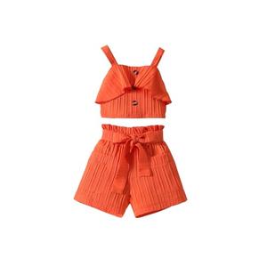 AMMENGBEI Little Girl's 2 Piece Outfits Sleeveless Ruffle Trim Halter Top and Shorts Set Kids 2Pcs Summer Clothes(Orange,4-5T)