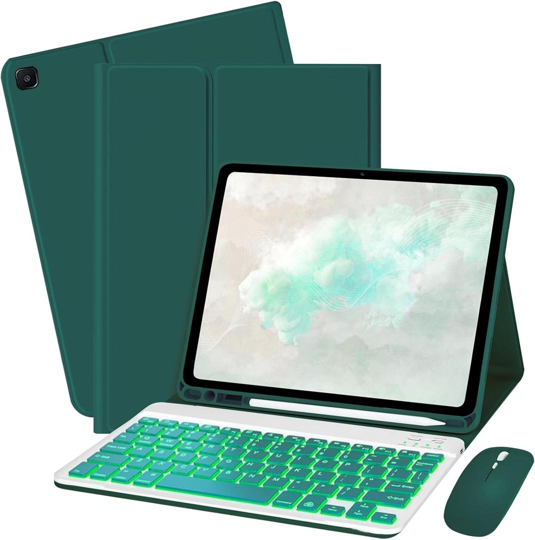 Keyboard Case for Amzaon Fire HD 10/10+ Plus (11/13th Generation) Case with Keyboard - 7 Colors Backlit Keyboard Protective Case and Mouse (Dark Green)