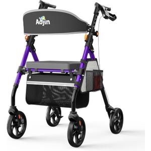 Aojin Lightweight Foldable Rollator Walkers with Seat for Seniors, 350 lb Capacity, 8'' Wheels, 17.7" Big Seat, 6-Position Adjustable Height, Ultralight Aluminum Frame Rolling Walker (Purple)
