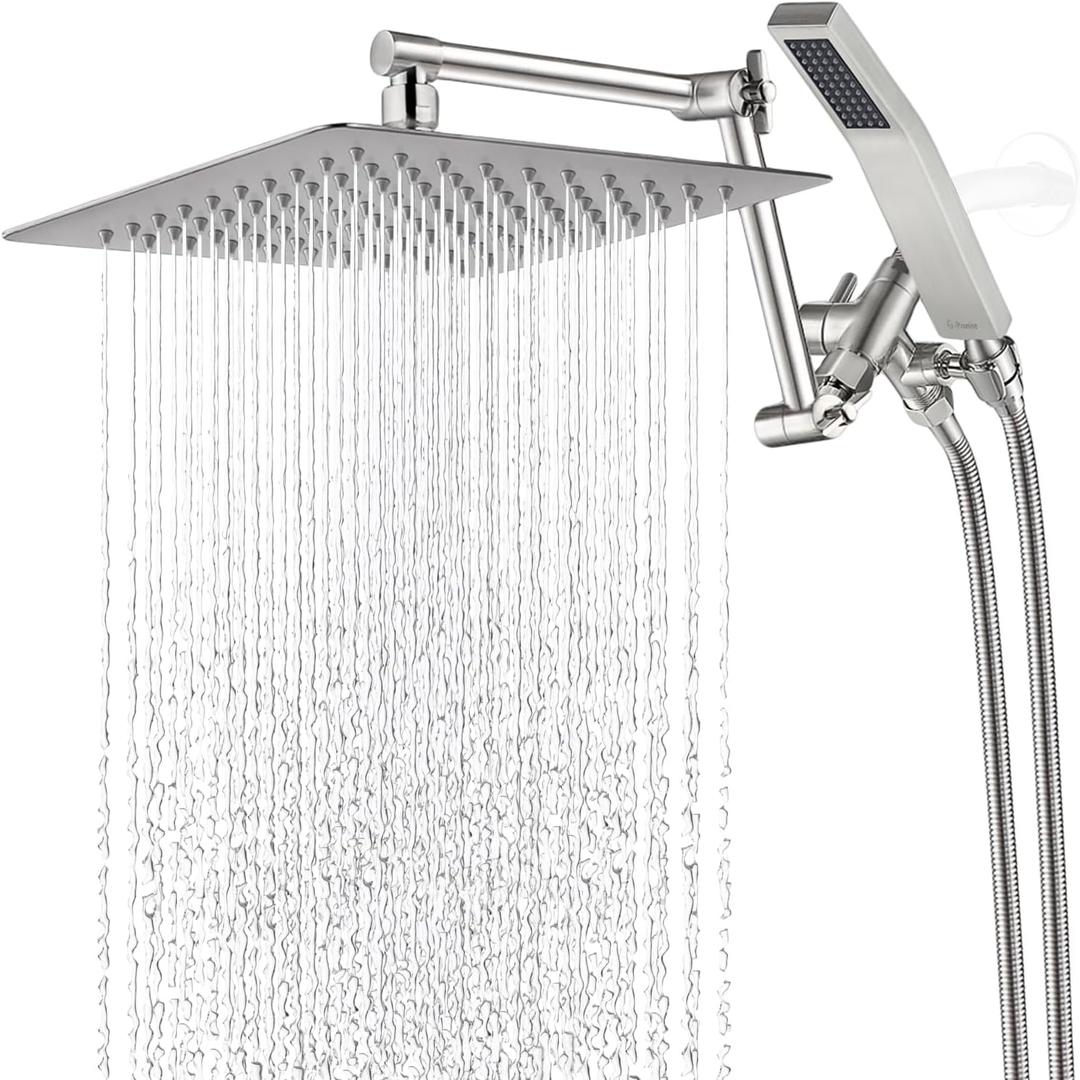 G-Promise All Metal 10 Inches Rainfall Shower Head with Handheld Spray Combo, 3 Settings Diverter, Adjustable Extension Arm with Lock Joints, 71 Inches Stainless Steel Hose (Brushed Nickel)