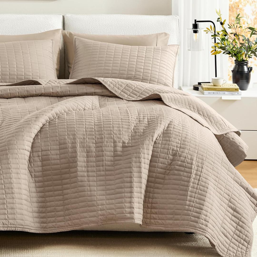 Comfort Spaces Kienna Quilt Set- Double Sided Stitching Design Summer Blanket, Lightweight, Soft, All Season Bedding Layer, Matching Sham, Taupe, Coverlet King (104"x90") 3 Piece