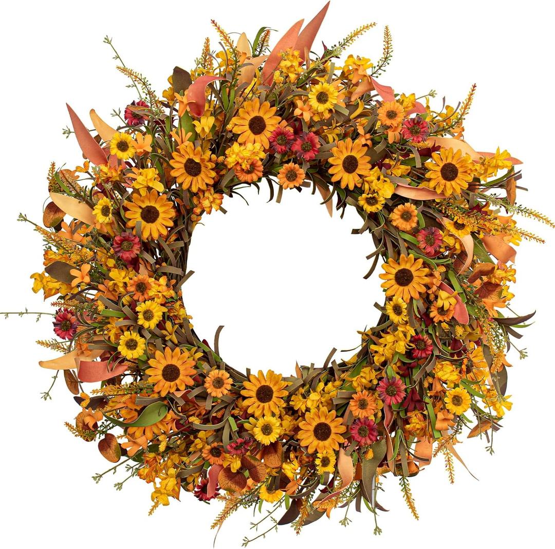 J'FLORU Artificial Fall Wreath 22 Inch Fall Wreaths for Front Door Autumn Porch Farmhouse Thanksgiving Day Harvest Festival