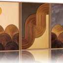 Tinonedraw Mid Century Modern Framed Canvas Wall Art Set, Boho Minimalist Geometric Wall Decor, Bohemian Sun and Moon Art Paintings, Beige Brown Wooden Artwork for Living Room Bedroom Office 24"x36"x3