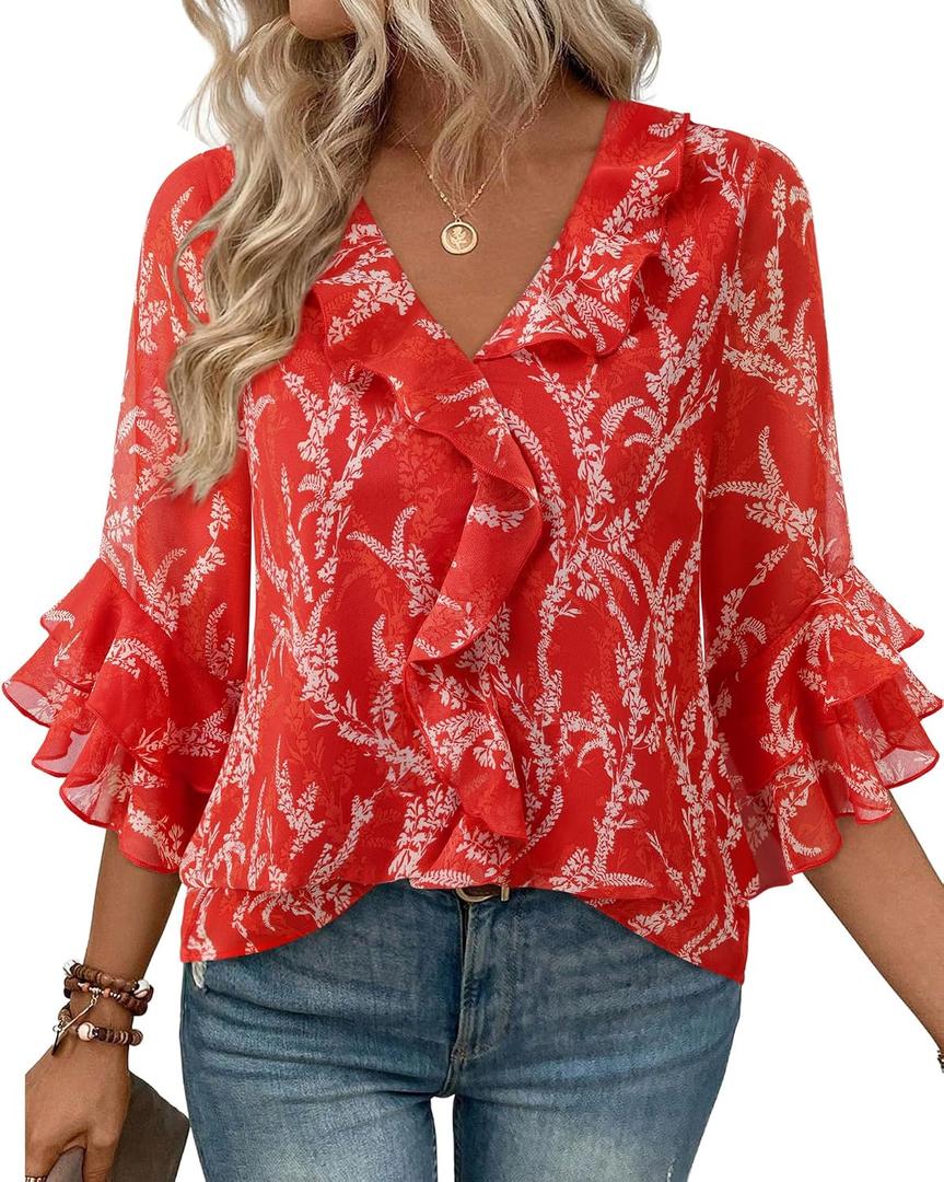 Gaharu Womens Dressy Casual Blouses 3/4 Sleeve V Neck Ruffle Tops Business Ladies Summer Fashion Work Shirt (XL)