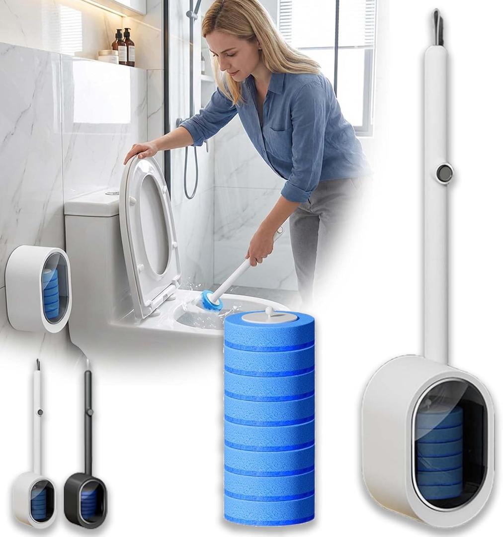 Disposable Toilet Bowl Cleaner Wand, Toilet Scrubber Kit with Self-Cleaning Disposable Pads – No Pre-Rinse (White+8Pcs Brush Heads)