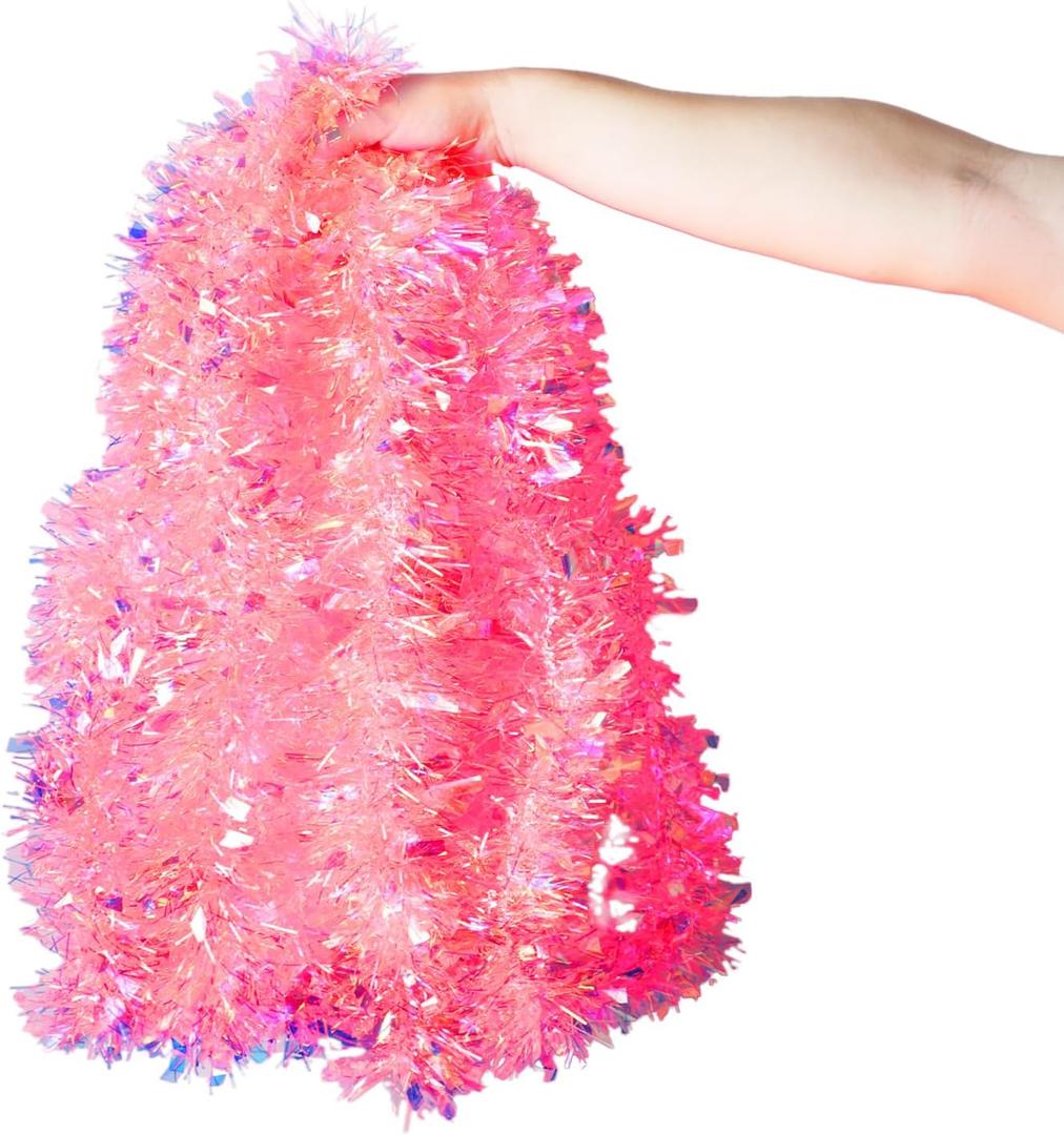 20Ft Iridescent Pink Christmas Tinsel Garland,Glittering Metallic Tinsel Twist Hanging Garland for Xmas Tree Wedding Home and Party Decoration