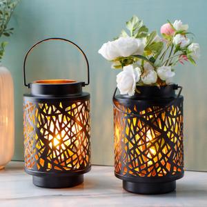 JHY DESIGN Set of 2 LED Battery Operated Table Lamp 8H Cordless Lamp Light with 6-Hours Timer Metal Black Battery Lamp for Patio Garden Indoor Outdoor Party Events(Hollow Branch)