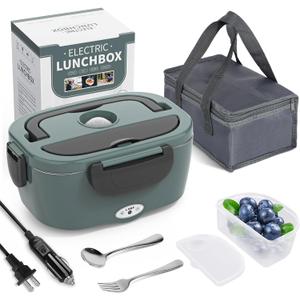 Electric Lunch Box Food Heater, 3 in 1 Ultra Quick Heated Lunch Boxes for Adults, 12V/24V/110V Portable Food Warmer for Car/Truck/Office With Fork Spoon and Insulated Carry Bag (Green)