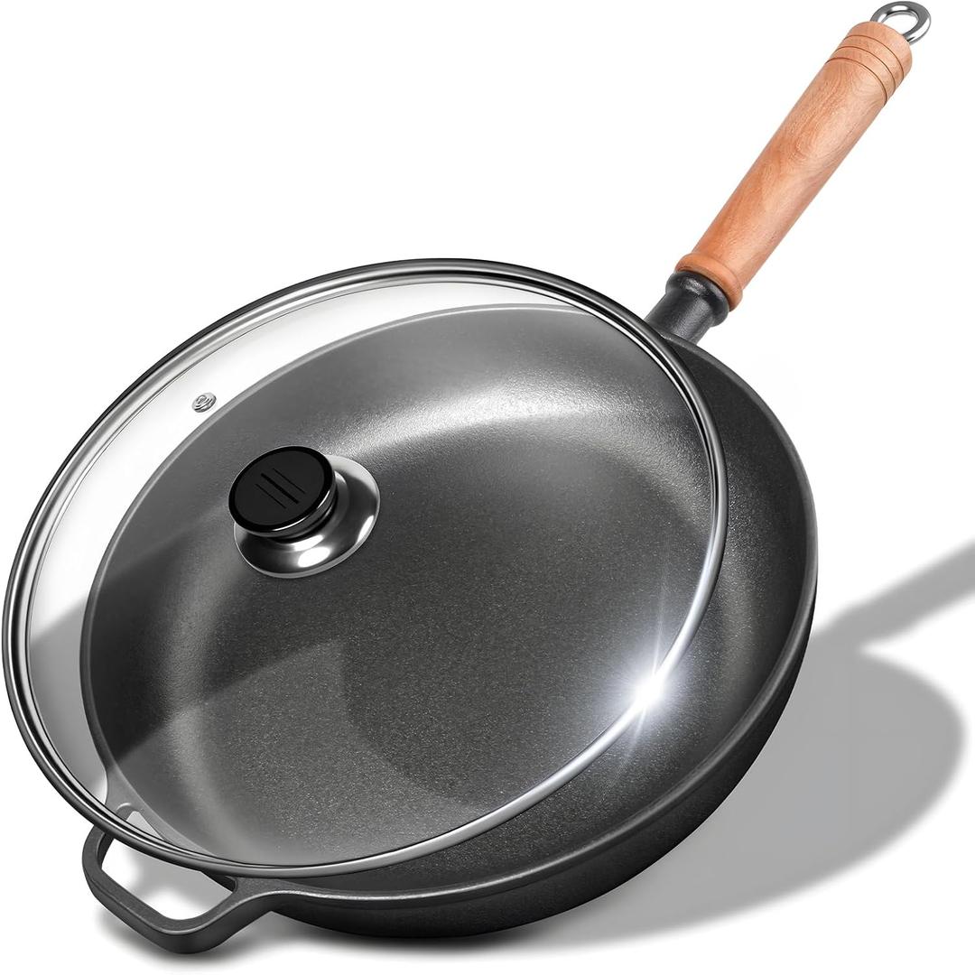 12" Cast Iron Skillets with Lid & Removable Wooden Handle, Pre-Seasoned Frying Pan for Stove, Oven, Grill & Campfire Cooking (1, 12")