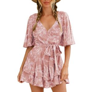 SPRIME Women's Floral Print Summer Rompers Wrap V Neck Double Layered Ruffle Hem Jumpsuit Short Sleeve Waist Tie Romper (Large, Pink)