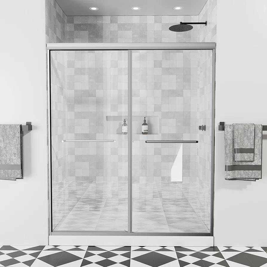 56-60" W x 70" H Semi-Frameless Shower Door, Double Sliding Shower Door with 1/4" (6mm) Clear SGCC Tempered Glass, Reversible Installation Shower Doors, Chrome Finish