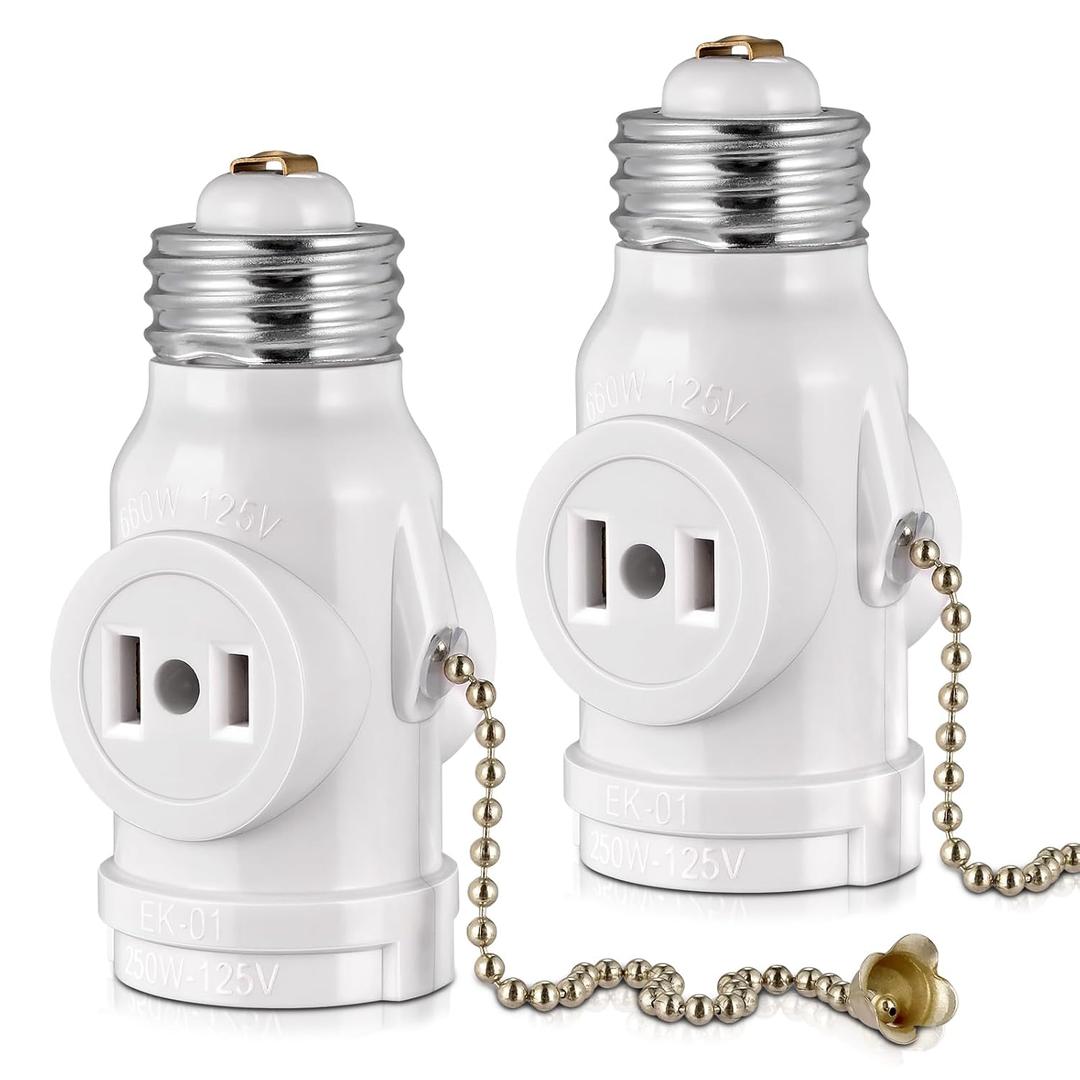 2-Pack E26 Light Socket Adapter - Converts Medium Screw Socket to Two Outlets With Pull Chain Switch - UL Listed, White