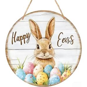 8 Inch Spring Door Hanger, Wooden Bunny Rabbit Decor for Front Door, Waterproof Rustic Spring Wreath Sign for Farmhouse Patio Lawn Indoor Outdoor Decoration (White)
