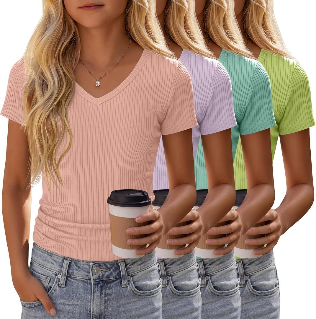 4 Pack Girls Short Sleeve Shirts Ribbed V Neck Tops Fitted Kids Soft Basic Tees Summer