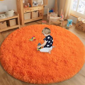 Round Orange Rug for Bedroom, 6 ft Circle Area Rugs for Living Room, Soft Fluffy Shag Carpet for Teen Girls Boys Nursery Room Dorm Home Decor Aesthetic