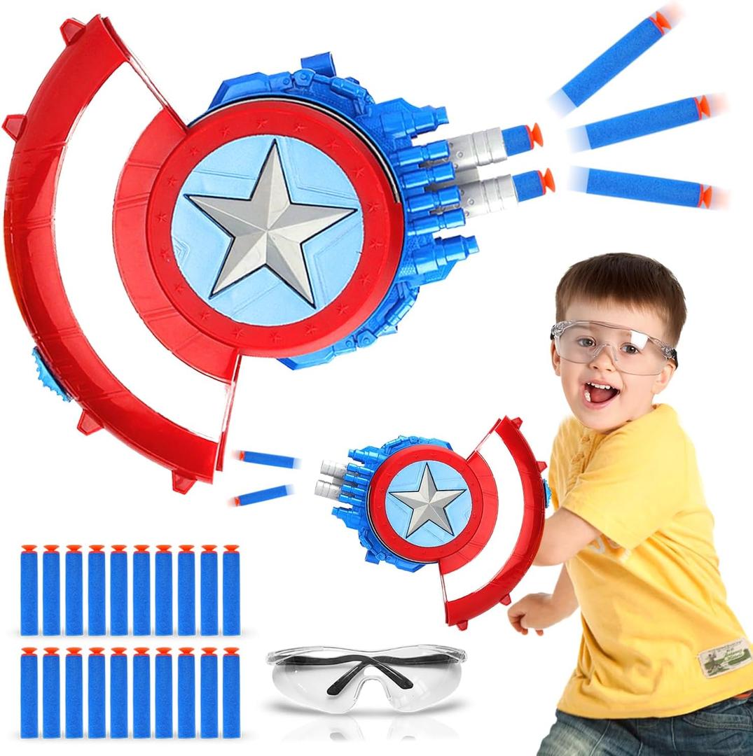 Captain Shooting Shield, Kids Roleplay Toy with 20 Darts, Goggles, Target, Ideal Gift for Superhero Fans 6+