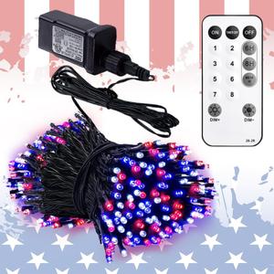 Red White and Blue String Lights, 4th of July Independence Day Lights Decoration, 300 LED 98ft, Waterproof with 8 Modes Plug in, Timer, Expandable, Memorial Day Patriotic Party Decor, Outdoor, Indoor