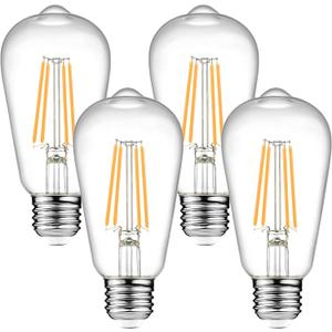 Ascher Dimmable Vintage LED Edison Bulbs, 6W, Equivalent 60W, 700 Lumens, 80+ CRI,Warm White 2700K, ST58 Antique LED Filament Bulbs, E26 Medium Base, Clear Glass, Pack of 4